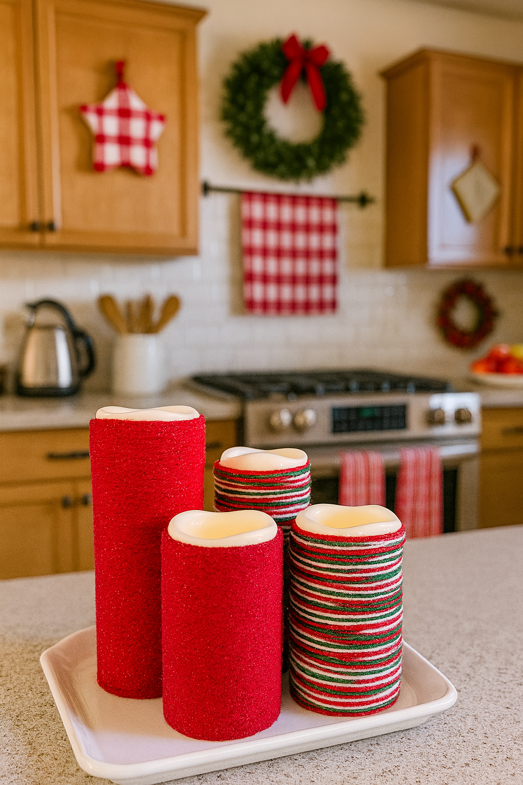 Cozy Warm Glow Holiday Yarn-Wrapped Flameless Candle Sets – 2 Variations, 3 and 5 set - sizes 4", 5", 6", 7" and 9" - FREE SHIPPING