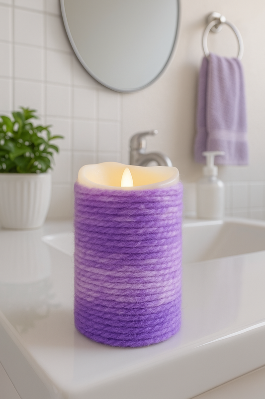 Cozy Yarn Purple 💜🧶🕯️Yarn-Wrapped Flameless Candle Sets – 2 Variations, 3 and 5 set - sizes 4", 5", 6", 7" and 9" - FREE SHIPPING
