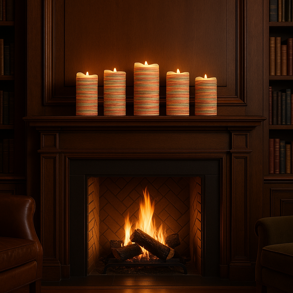 Cozy Warm Glow Multi-Colored Yarn-Wrapped Flameless Candle Sets – 2 Variations, 3 and 5 set - sizes 4", 5", 6", 7" and 9" - FREE SHIPPING