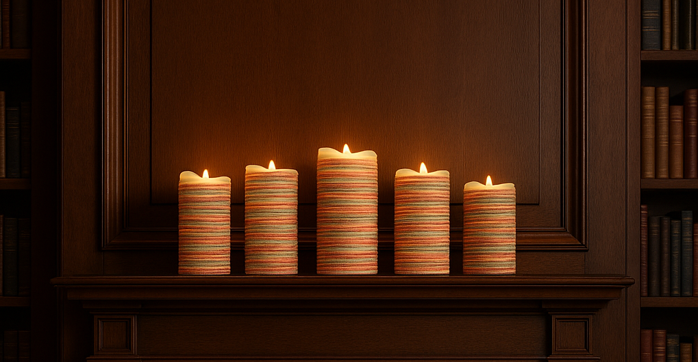 Cozy Warm Glow Multi-Colored Yarn-Wrapped Flameless Candle Sets – 2 Variations, 3 and 5 set - sizes 4", 5", 6", 7" and 9" - FREE SHIPPING