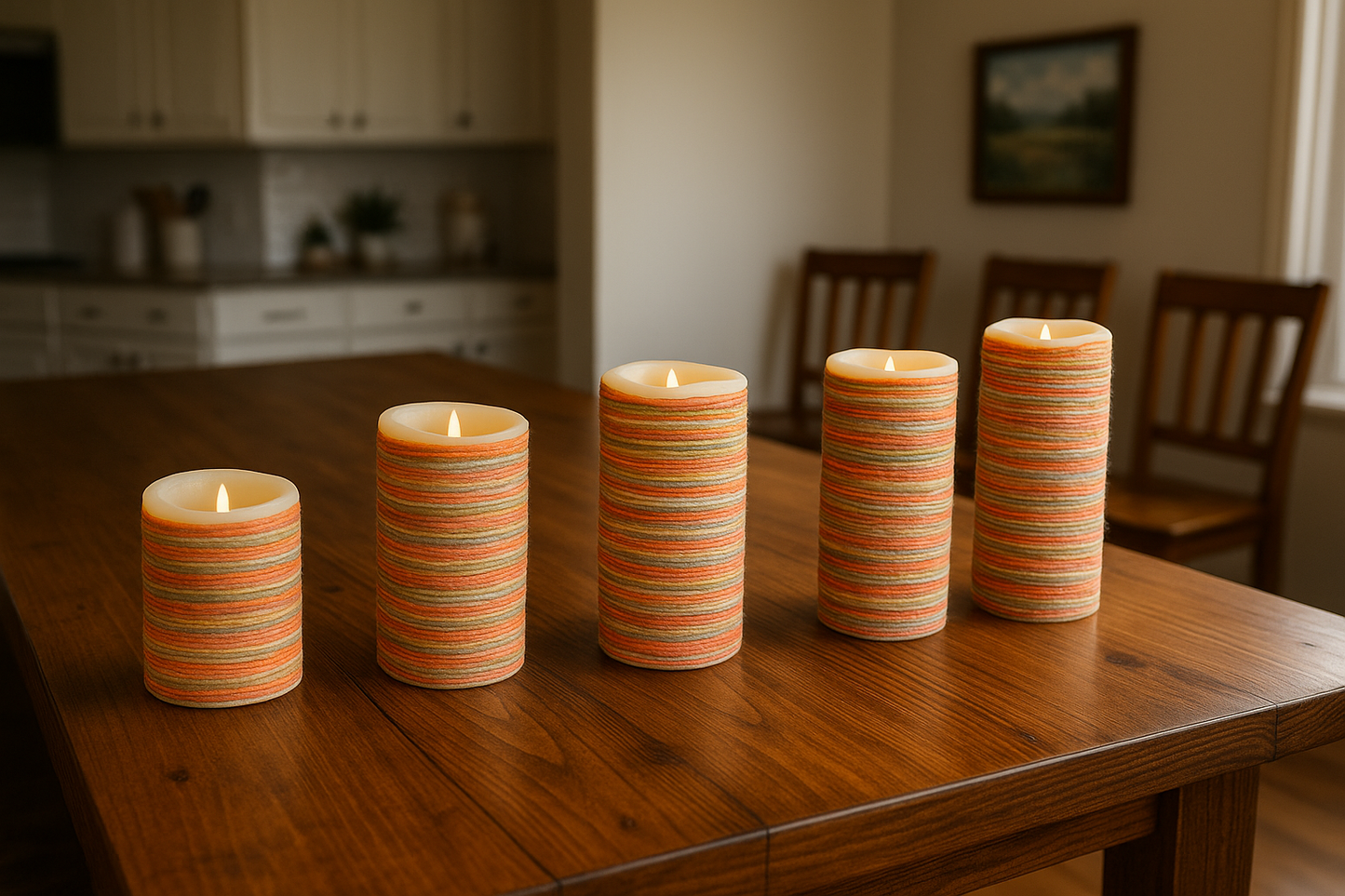 Cozy Warm Glow Multi-Colored Yarn-Wrapped Flameless Candle Sets – 2 Variations, 3 and 5 set - sizes 4", 5", 6", 7" and 9" - FREE SHIPPING