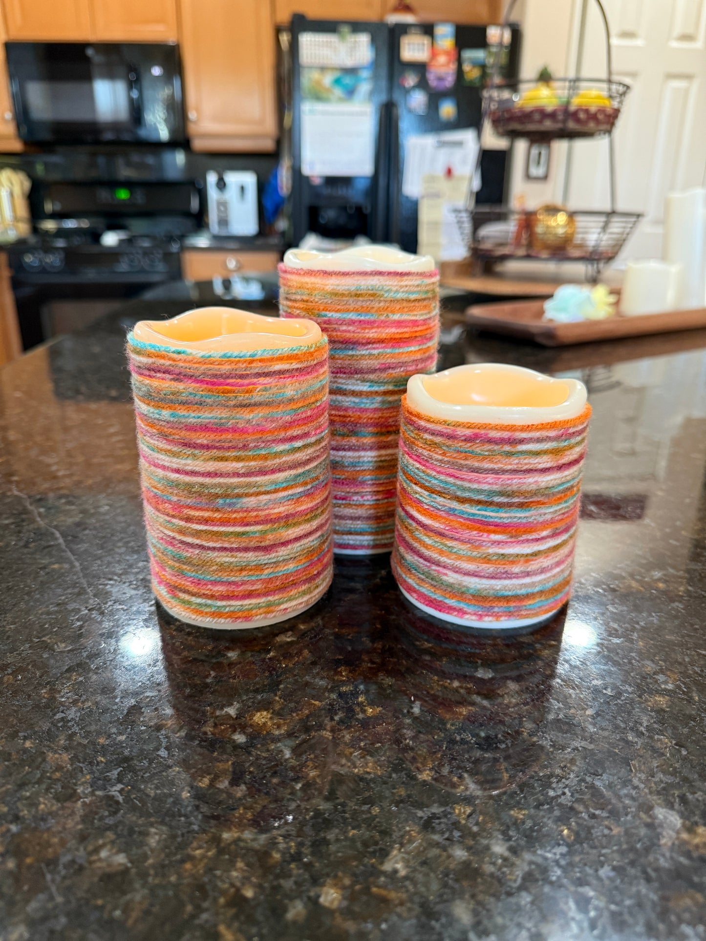Cozy Warm Glow Multi-Colored Yarn-Wrapped Flameless Candle Sets – 2 Variations, 3 and 5 set - sizes 4", 5", 6", 7" and 9" - FREE SHIPPING