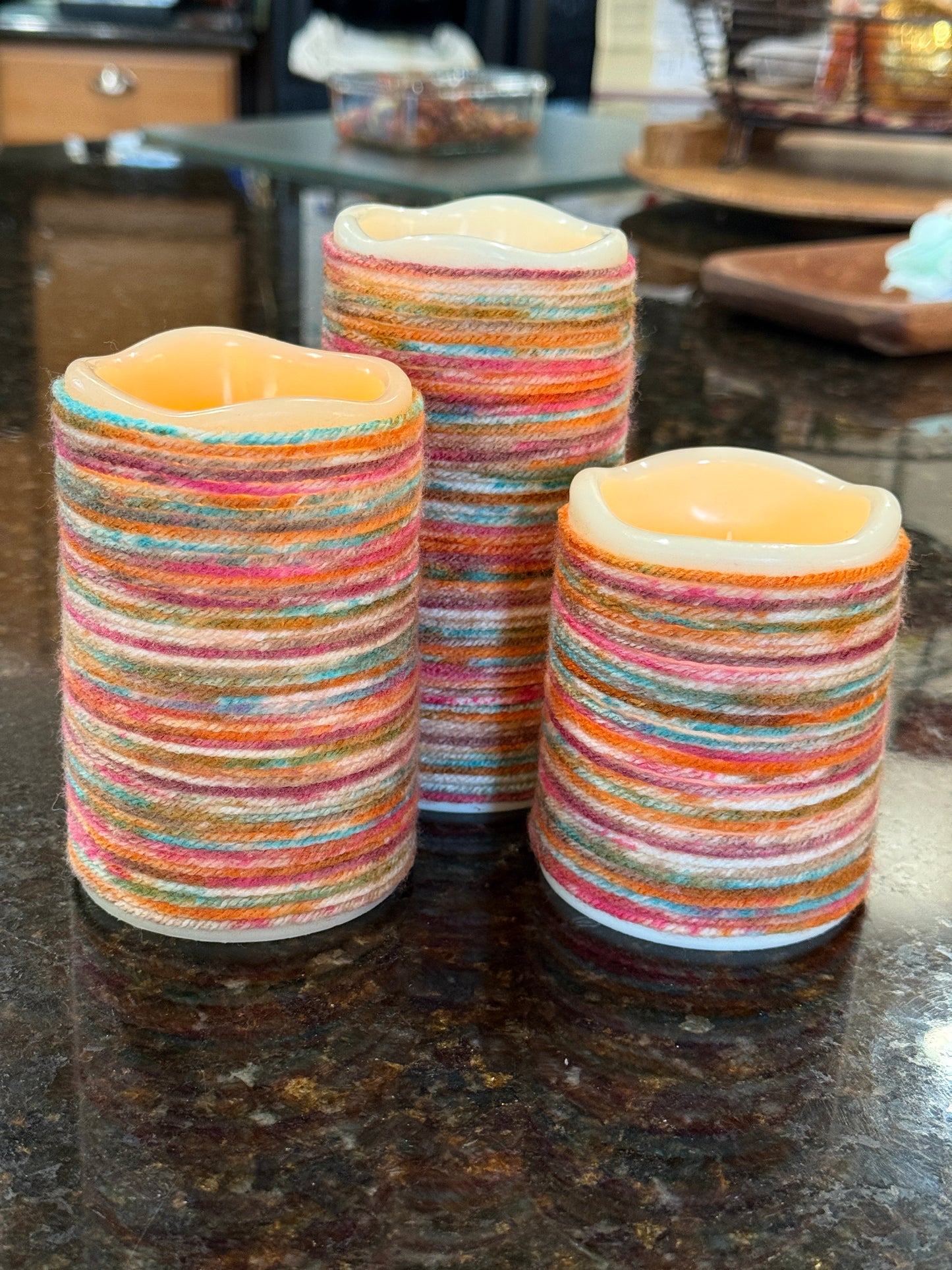 Cozy Warm Glow Multi-Colored Yarn-Wrapped Flameless Candle Sets – 2 Variations, 3 and 5 set - sizes 4", 5", 6", 7" and 9" - FREE SHIPPING