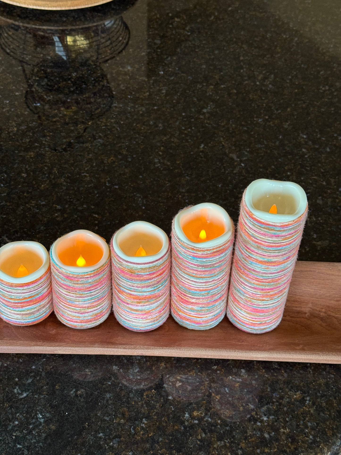 Cozy Warm Glow Multi-Colored Yarn-Wrapped Flameless Candle Sets – 2 Variations, 3 and 5 set - sizes 4", 5", 6", 7" and 9" - FREE SHIPPING