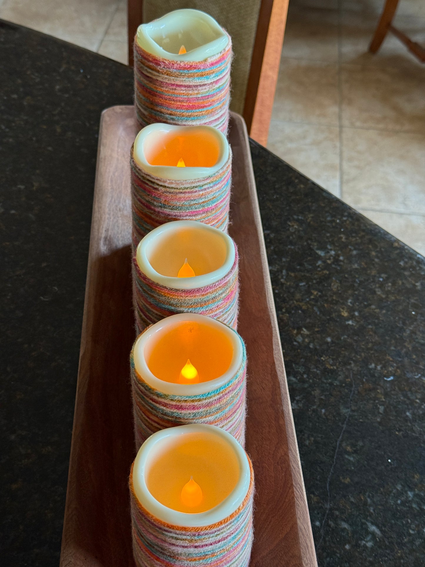 Cozy Warm Glow Multi-Colored Yarn-Wrapped Flameless Candle Sets – 2 Variations, 3 and 5 set - sizes 4", 5", 6", 7" and 9" - FREE SHIPPING