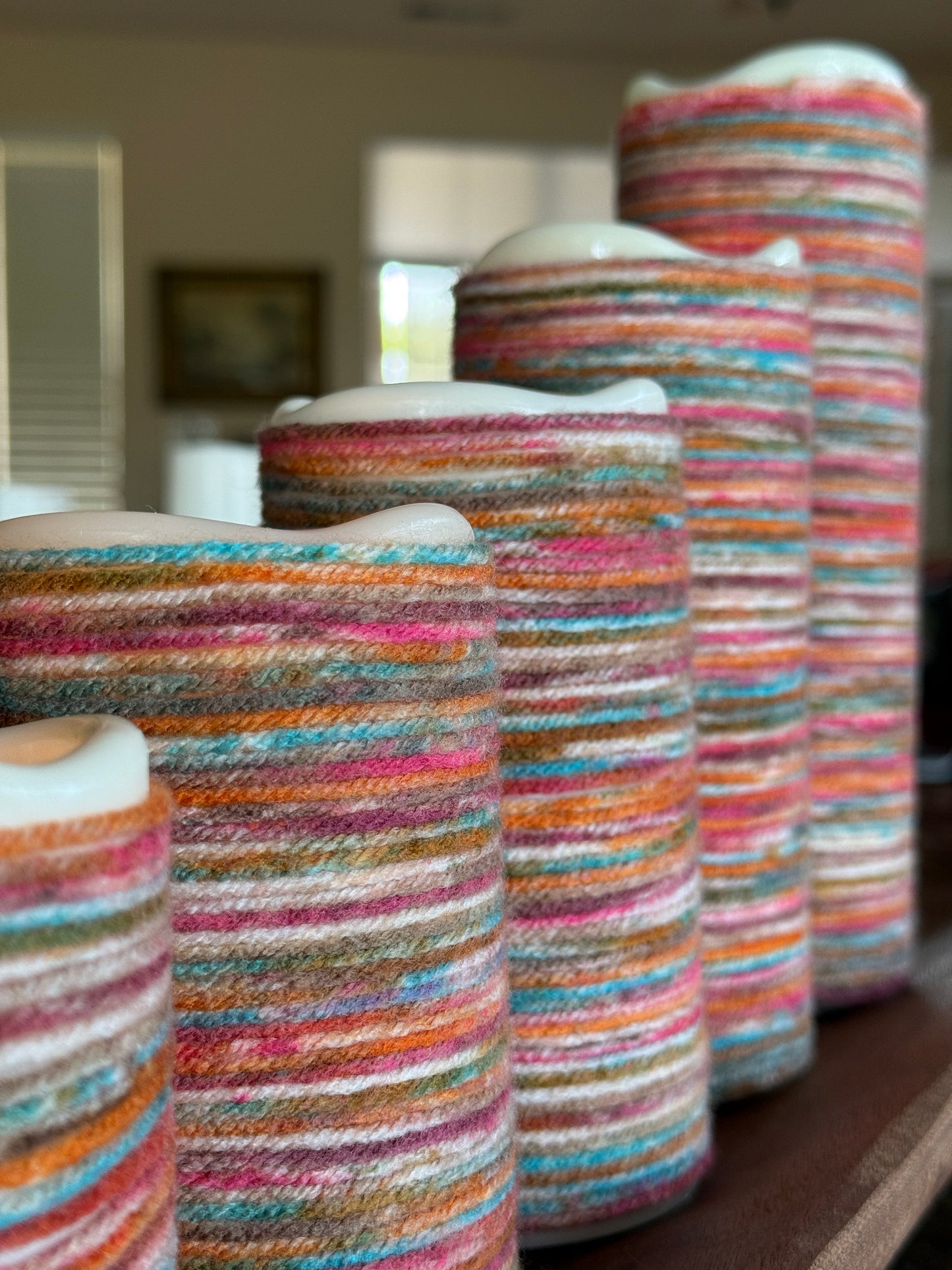 Cozy Warm Glow Multi-Colored Yarn-Wrapped Flameless Candle Sets – 2 Variations, 3 and 5 set - sizes 4", 5", 6", 7" and 9" - FREE SHIPPING