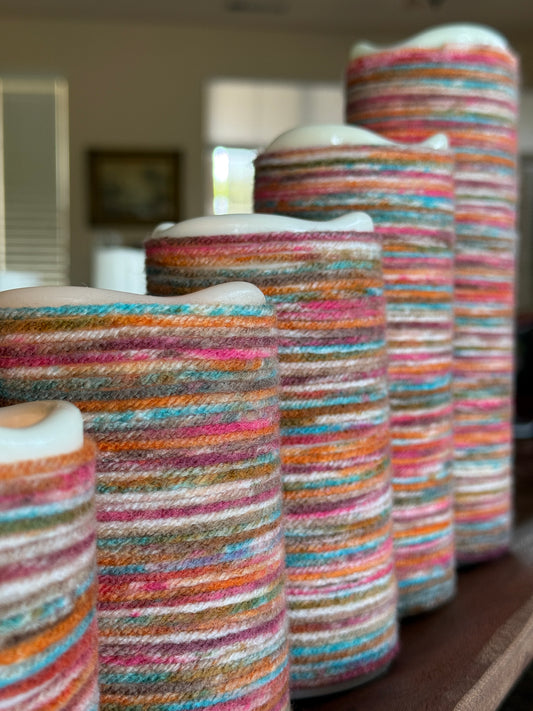 Cozy Warm Glow Multi-Colored Yarn-Wrapped Flameless Candle Sets – 2 Variations, 3 and 5 set - sizes 4", 5", 6", 7" and 9" - FREE SHIPPING