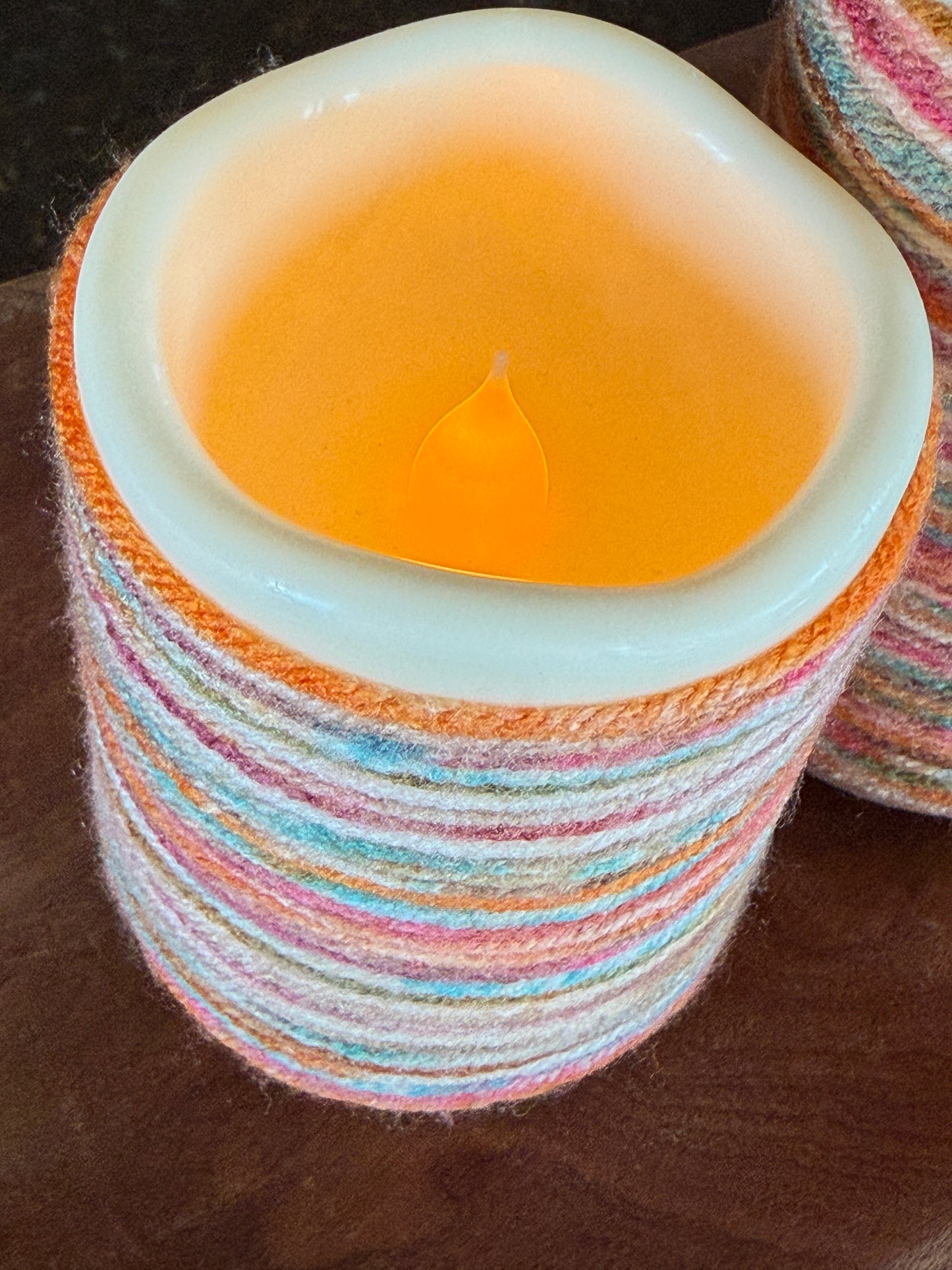 Cozy Warm Glow Multi-Colored Yarn-Wrapped Flameless Candle Sets – 2 Variations, 3 and 5 set - sizes 4", 5", 6", 7" and 9" - FREE SHIPPING