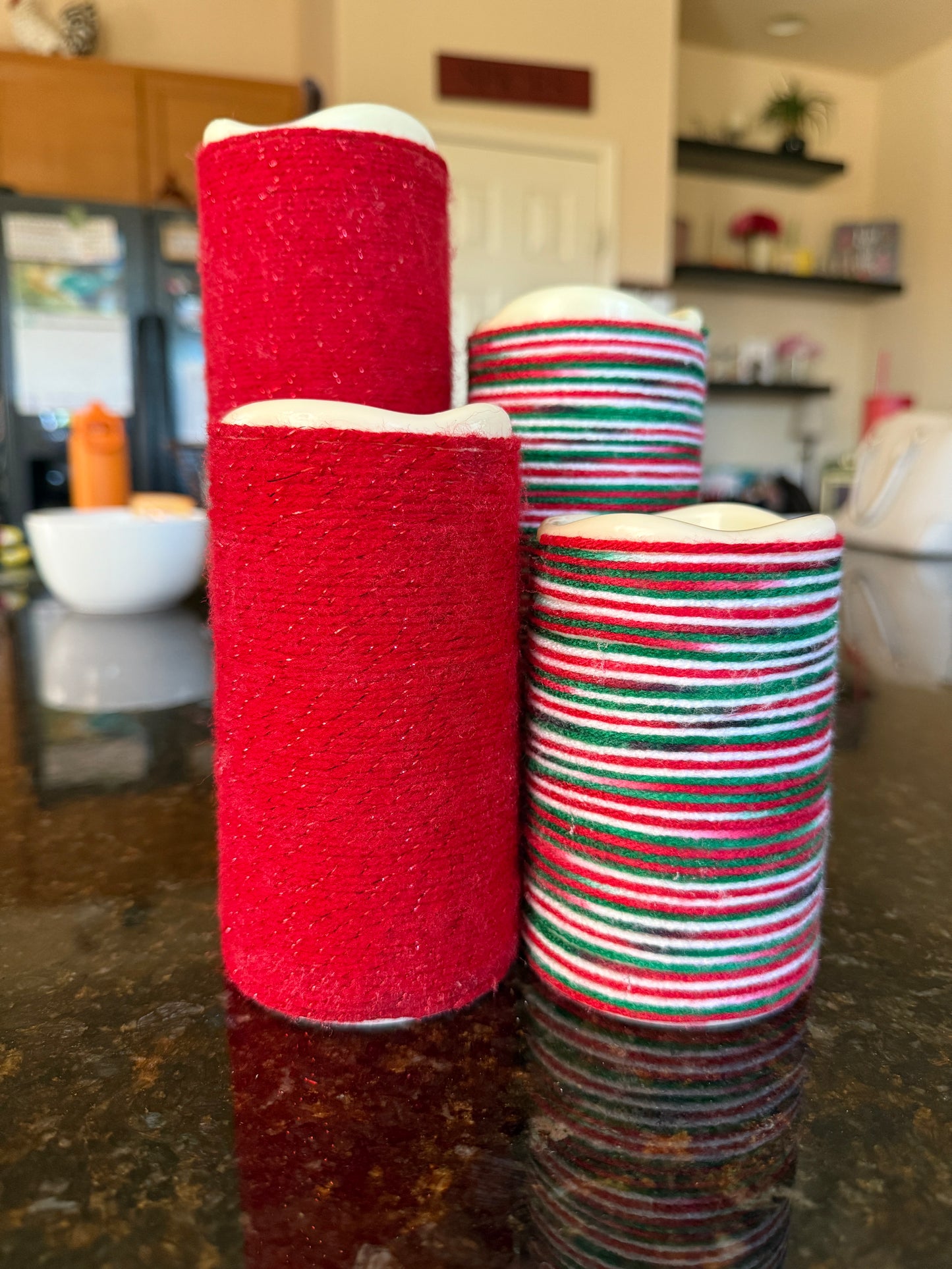 Cozy Warm Glow Holiday Yarn-Wrapped Flameless Candle Sets – 2 Variations, 3 and 5 set - sizes 4", 5", 6", 7" and 9" - FREE SHIPPING